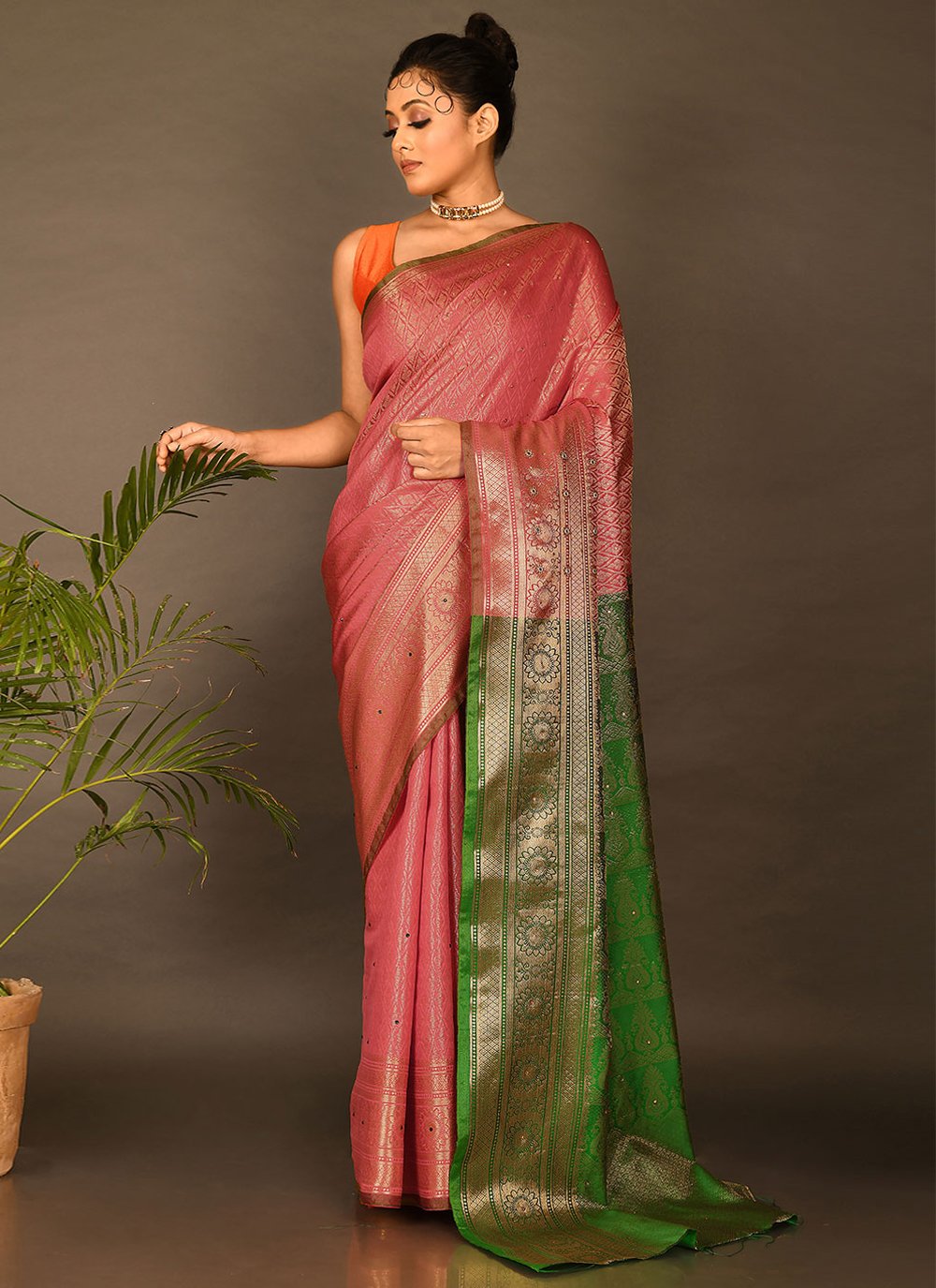 Designer Kanchipuram Silk Pink Embroidered Saree