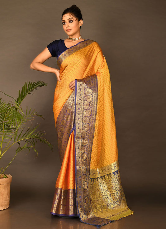 Silk Saree Kanchipuram Silk Mustard Embroidered Saree