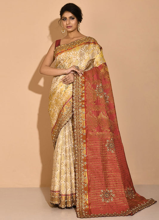 Designer Kanchipuram Silk White Embroidered Saree