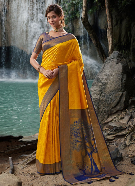 Designer Kanchipuram Silk Mustard Woven Saree