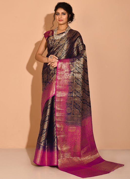 Contemporary Kanchipuram Silk Blue Embroidered Saree