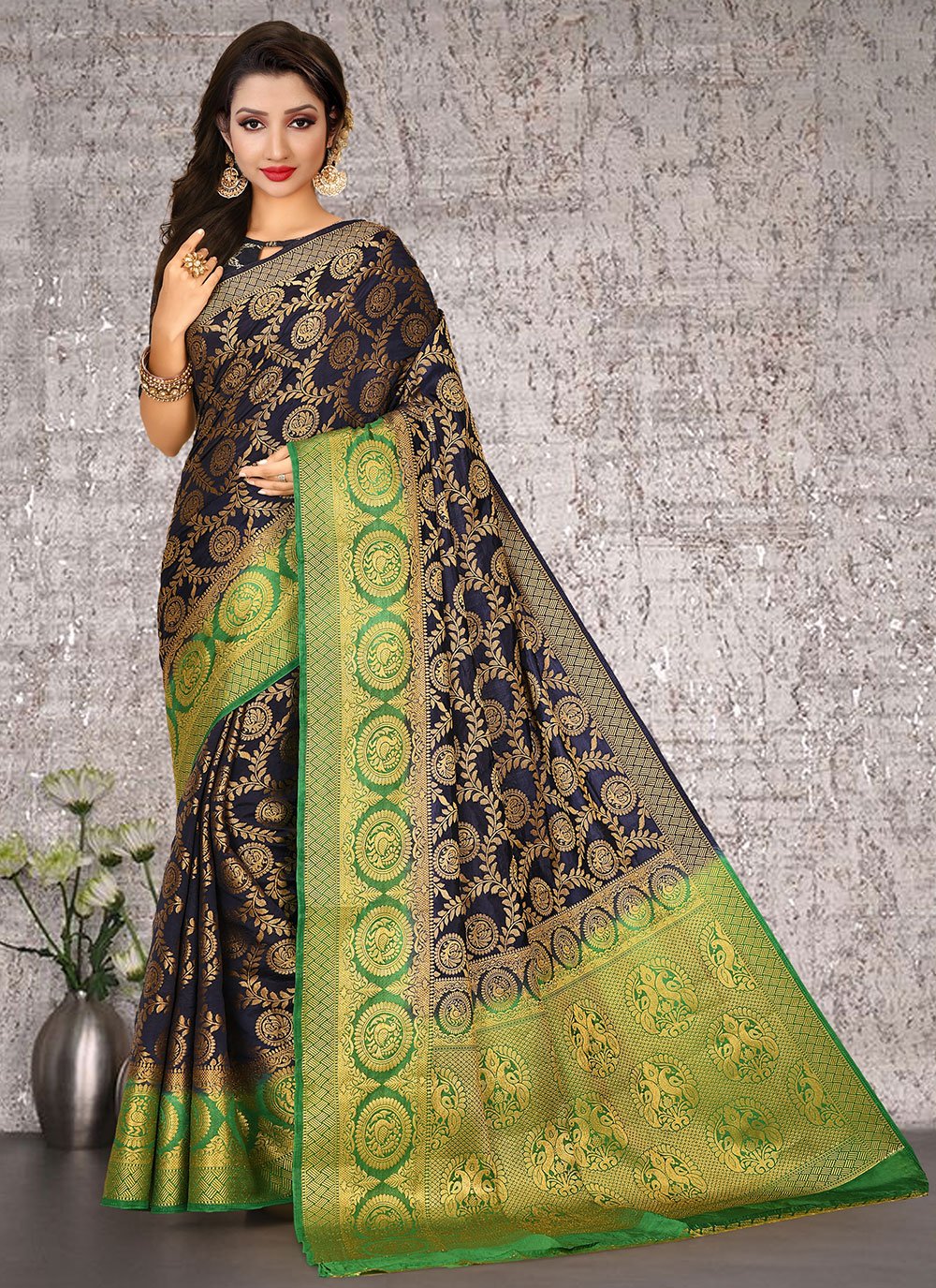 Classic Kanchipuram Silk Blue Hand Work Saree