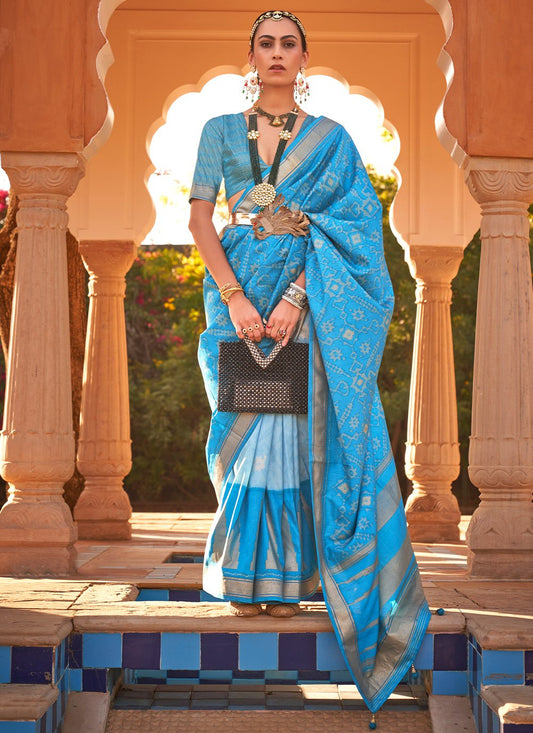 Contemporary Kanchipuram Silk Aqua Blue Print Saree
