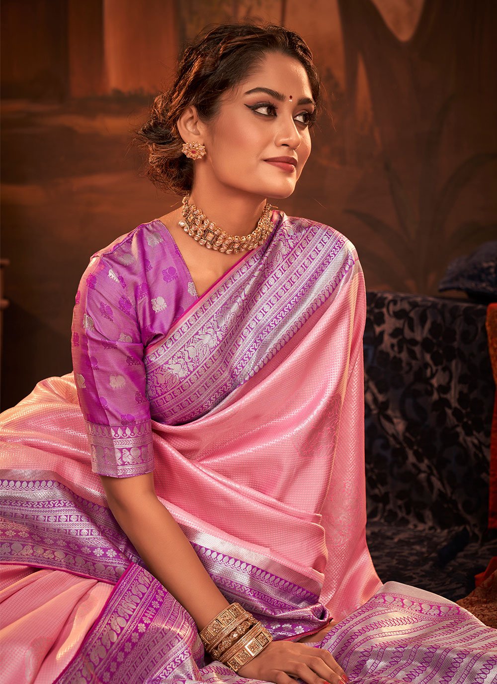 Trendy Saree Kanchipuram Silk Pink Weaving Saree