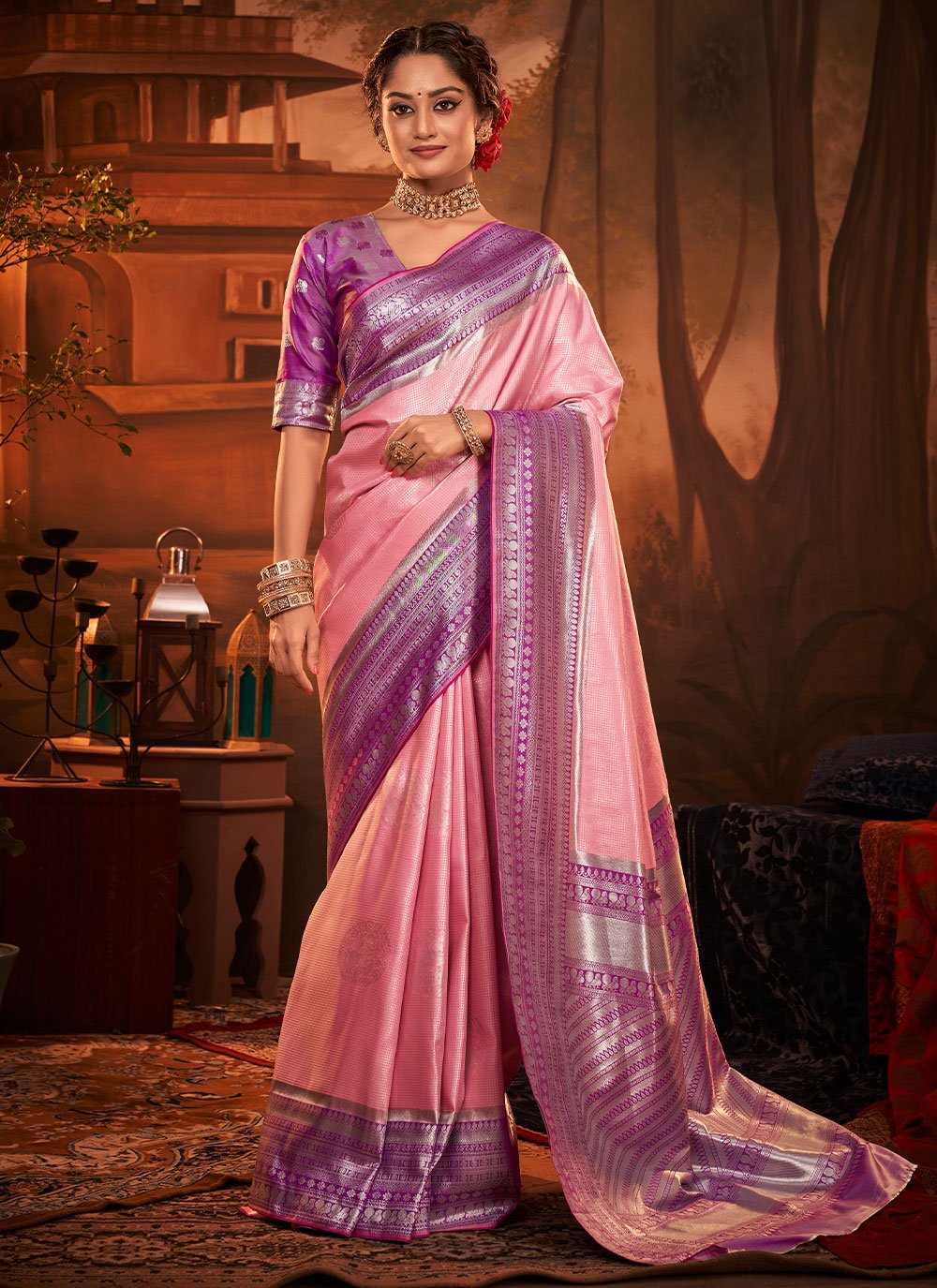 Trendy Saree Kanchipuram Silk Pink Weaving Saree