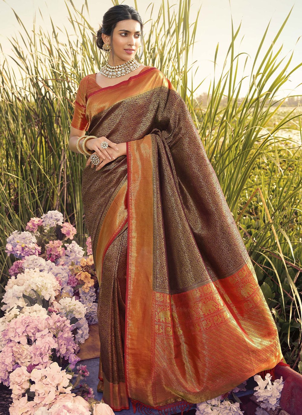 Trendy Saree Kanjivaram Silk Brown Jacquard Work Saree