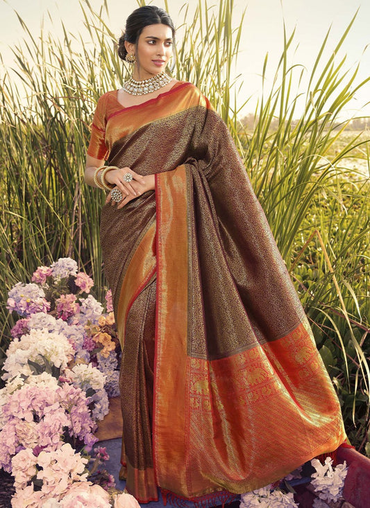 Trendy Saree Kanjivaram Silk Brown Jacquard Work Saree