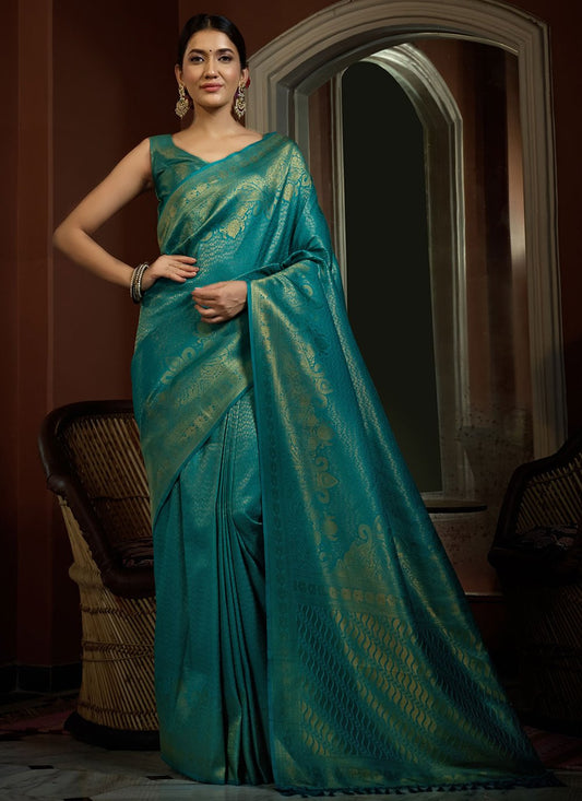 Classic Kanjivaram Silk Aqua Blue Weaving Saree