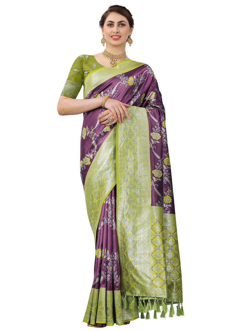 Contemporary Kanjivaram Silk Green Purple Weaving Saree