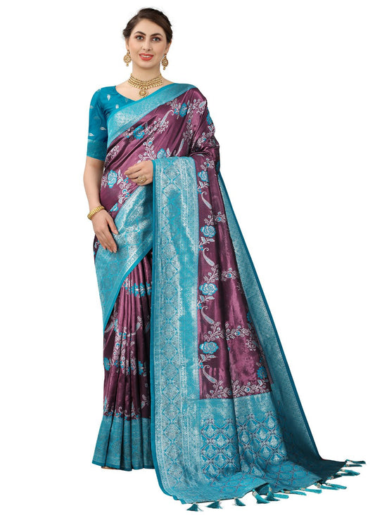 Contemporary Kanjivaram Silk Aqua Blue Purple Weaving Saree