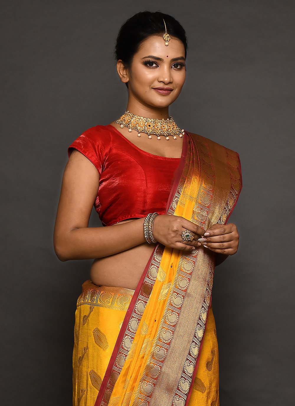 Contemporary Kanjivaram Silk Mustard Hand Work Saree