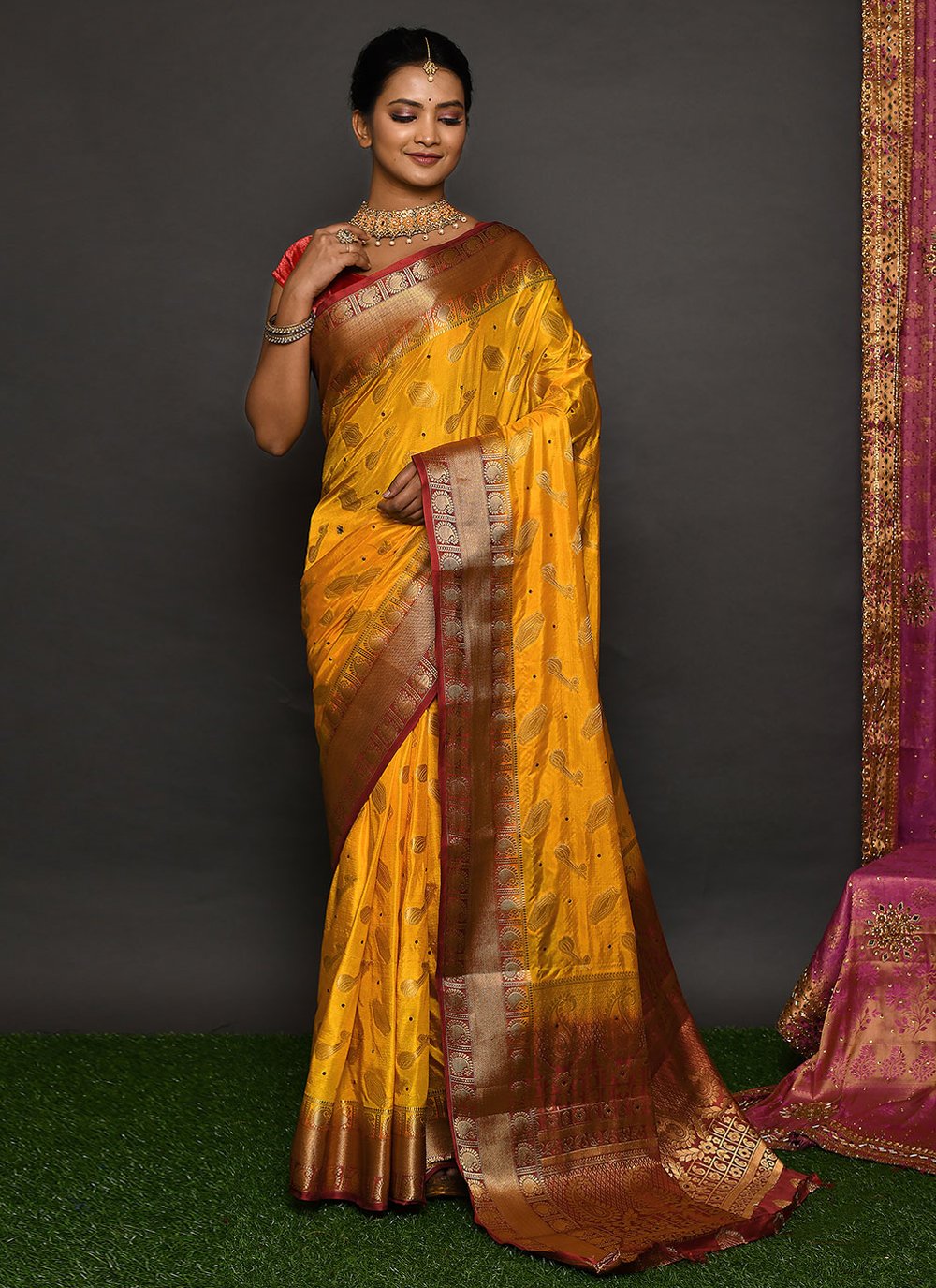 Contemporary Kanjivaram Silk Mustard Hand Work Saree