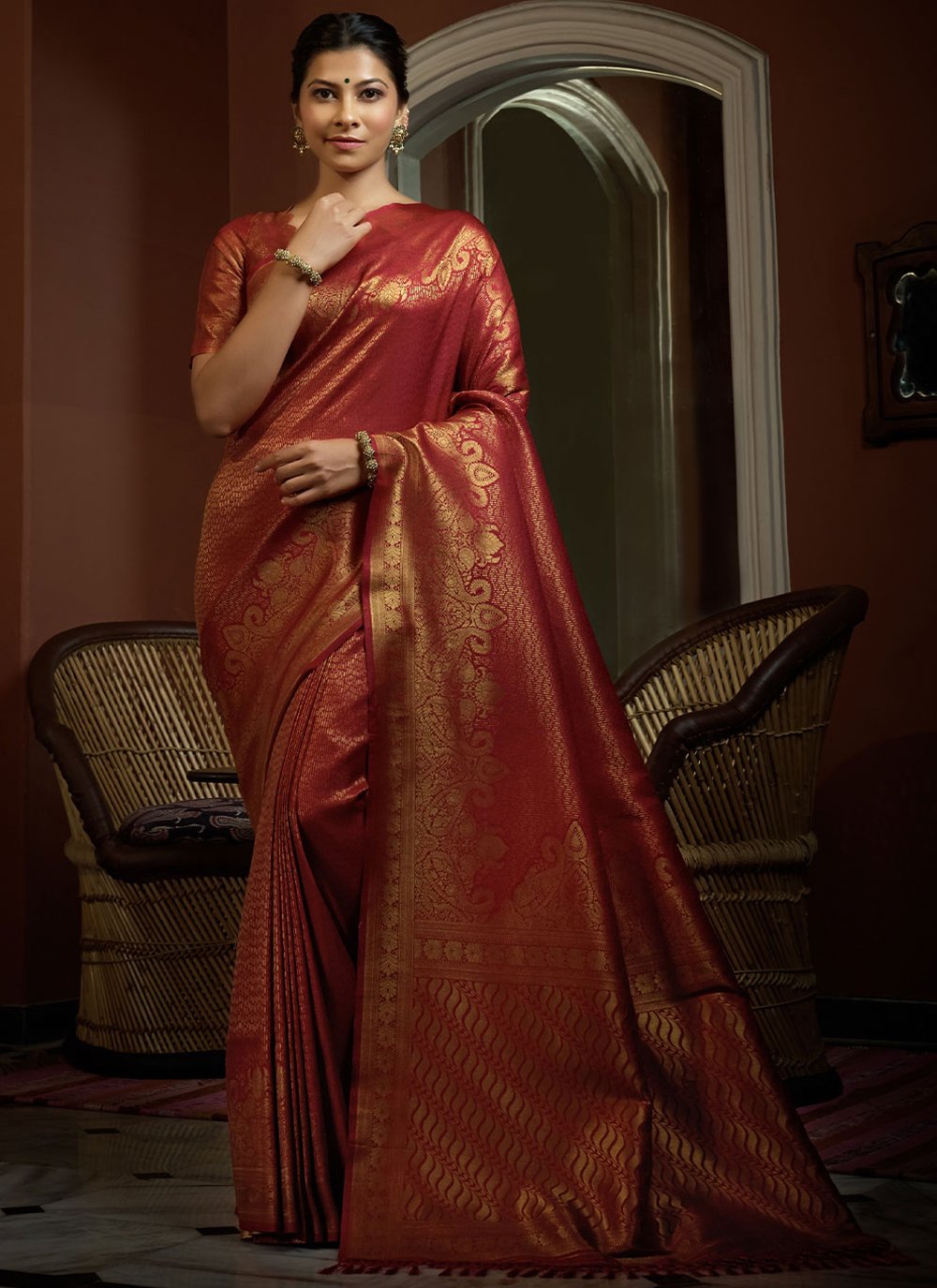 Contemporary Kanjivaram Silk Orange Weaving Saree