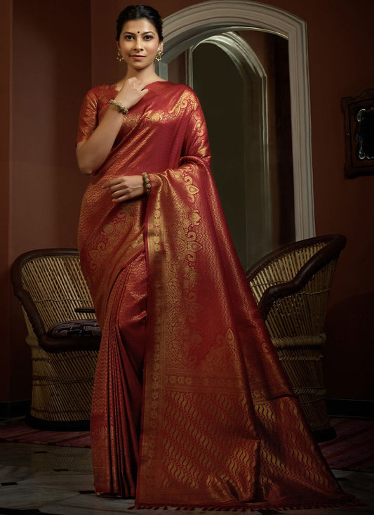 Contemporary Kanjivaram Silk Orange Weaving Saree