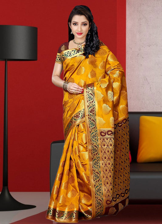 Contemporary Kanjivaram Silk Mustard Hand Work Saree