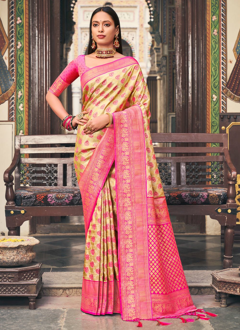 Traditional Saree Kanjivaram Silk Cream Fancy Work Saree