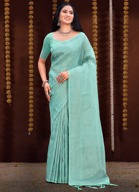 Designer Kanjivaram Silk Sea Green Fancy Work Saree