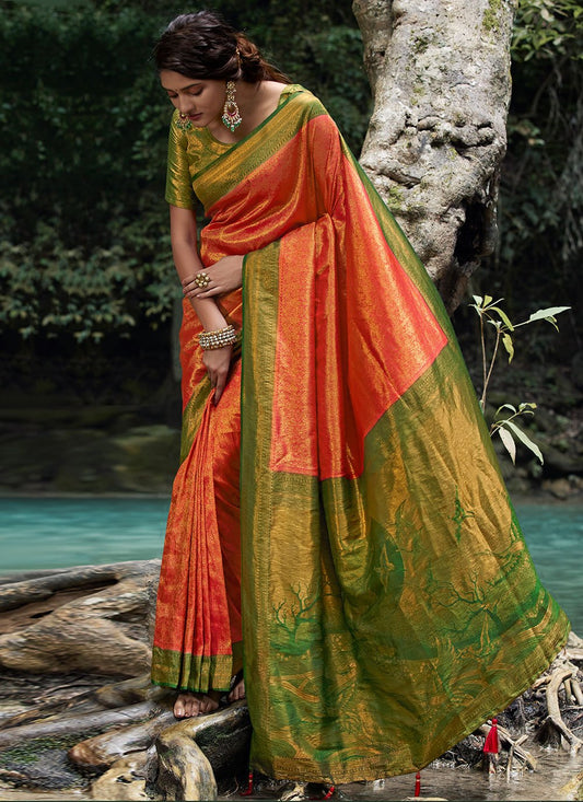 Contemporary Kanjivaram Silk Orange Woven Saree