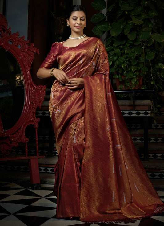 Trendy Saree Kanjivaram Silk Gold Maroon Weaving Saree