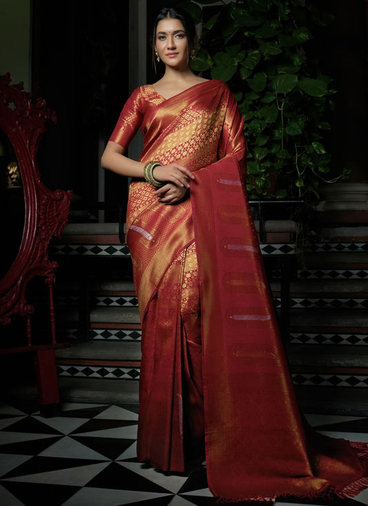 Classic Kanjivaram Silk Gold Red Weaving Saree