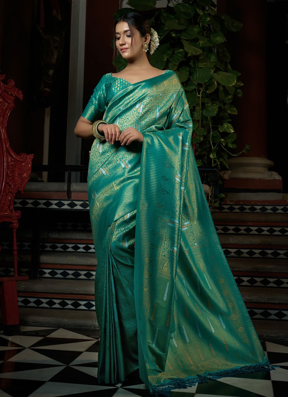 Designer Kanjivaram Silk Gold Turquoise Weaving Saree