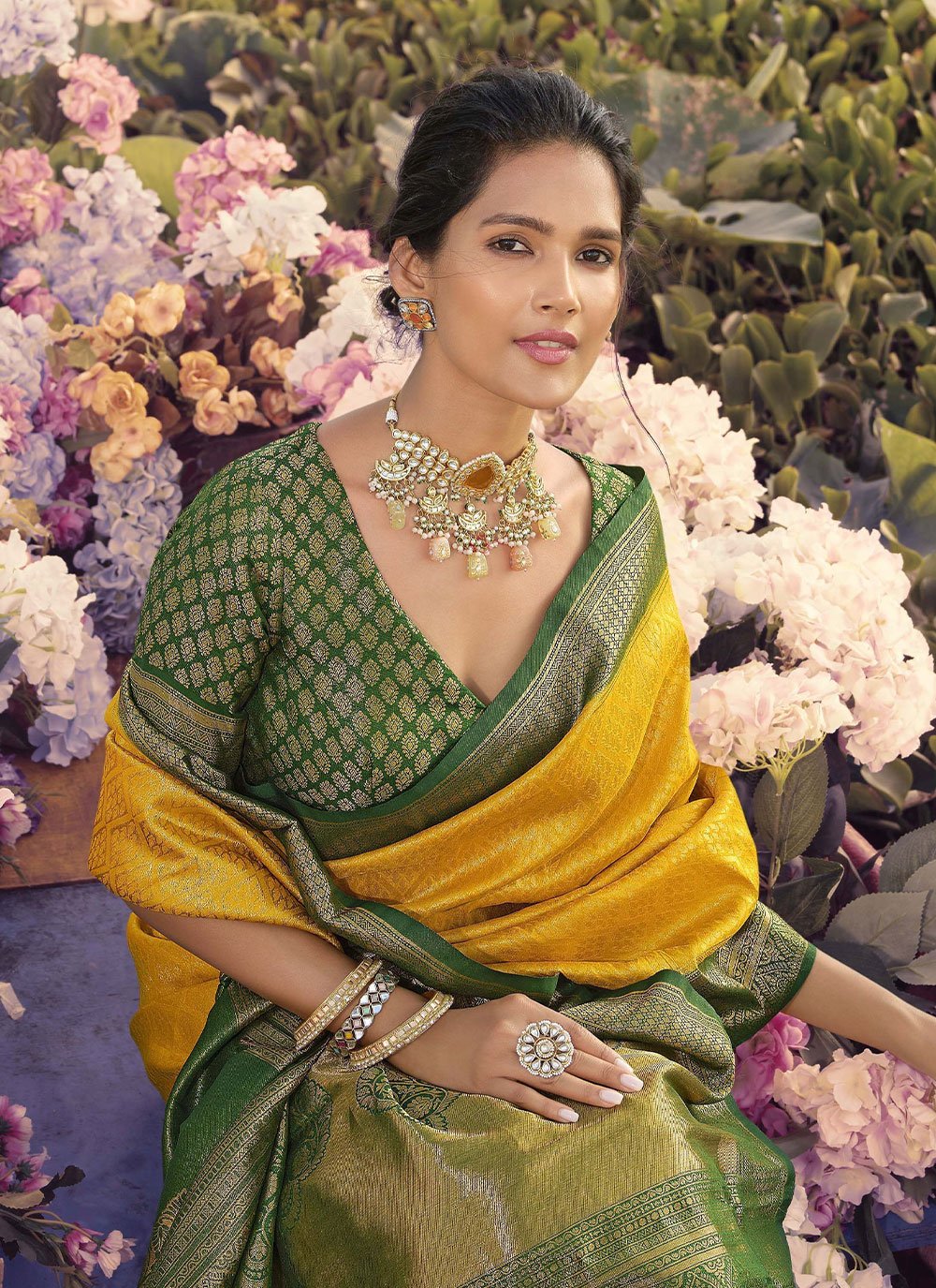 Trendy Saree Kanjivaram Silk Green Mustard Jacquard Work Saree