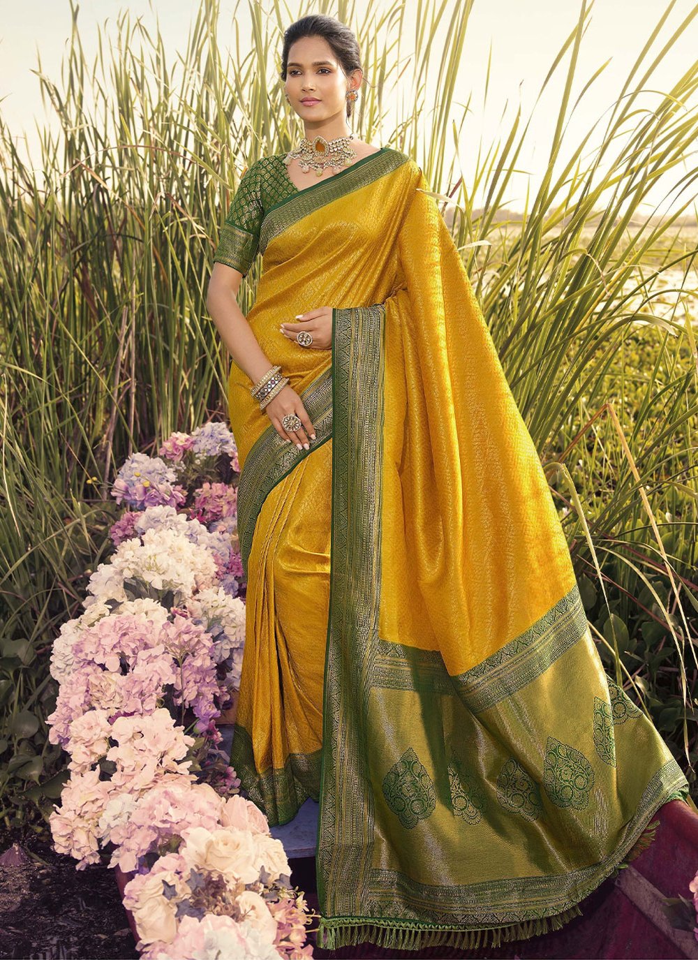 Trendy Saree Kanjivaram Silk Green Mustard Jacquard Work Saree