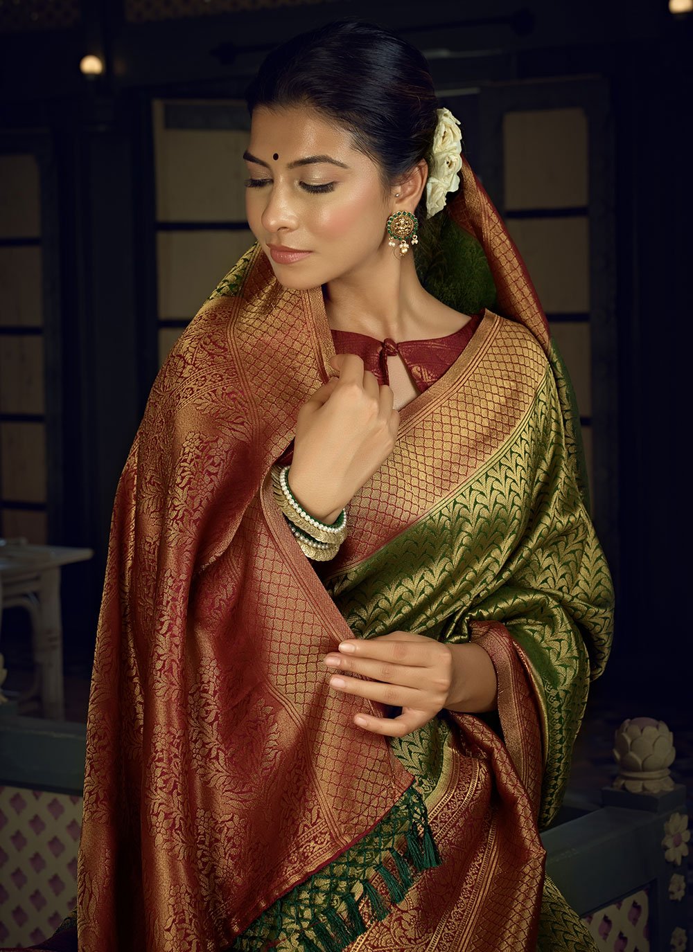 Designer Kanjivaram Silk Green Weaving Saree