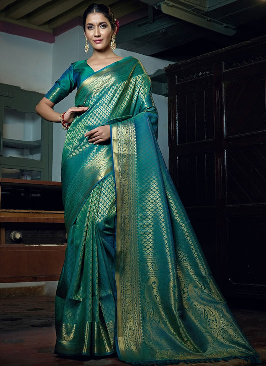 Trendy Saree Kanjivaram Silk Green Weaving Saree