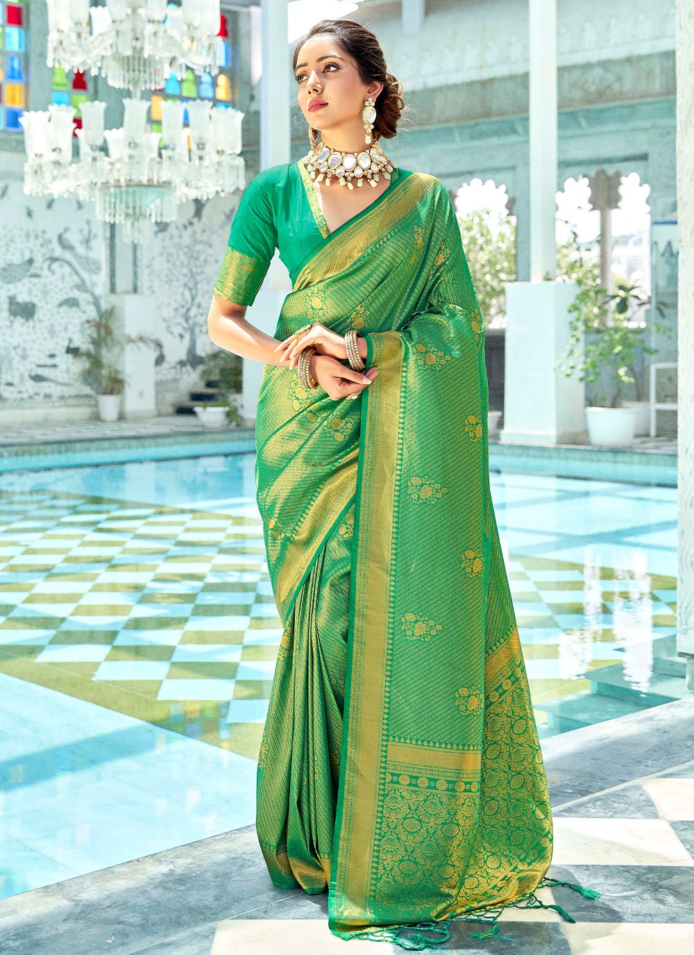 Classic Kanjivaram Silk Green Woven Saree