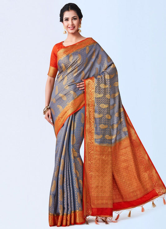 Classic Kanjivaram Silk Grey Zari Saree