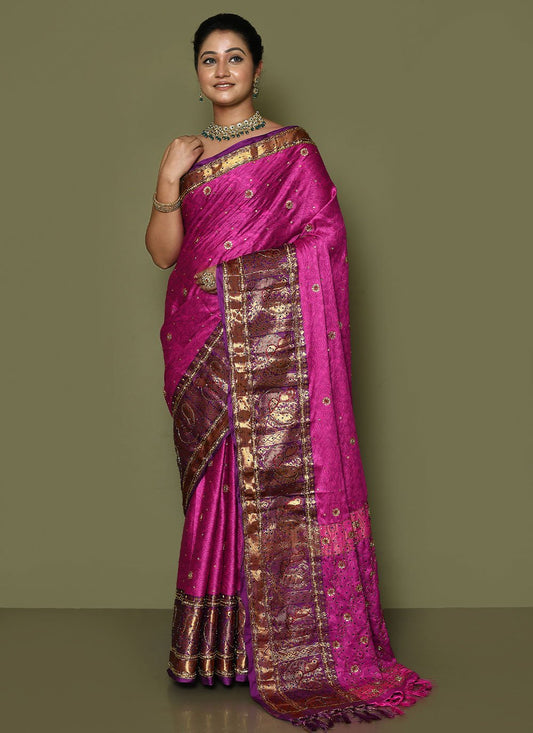 Contemporary Kanjivaram Silk Fuchsia Hand Work Saree