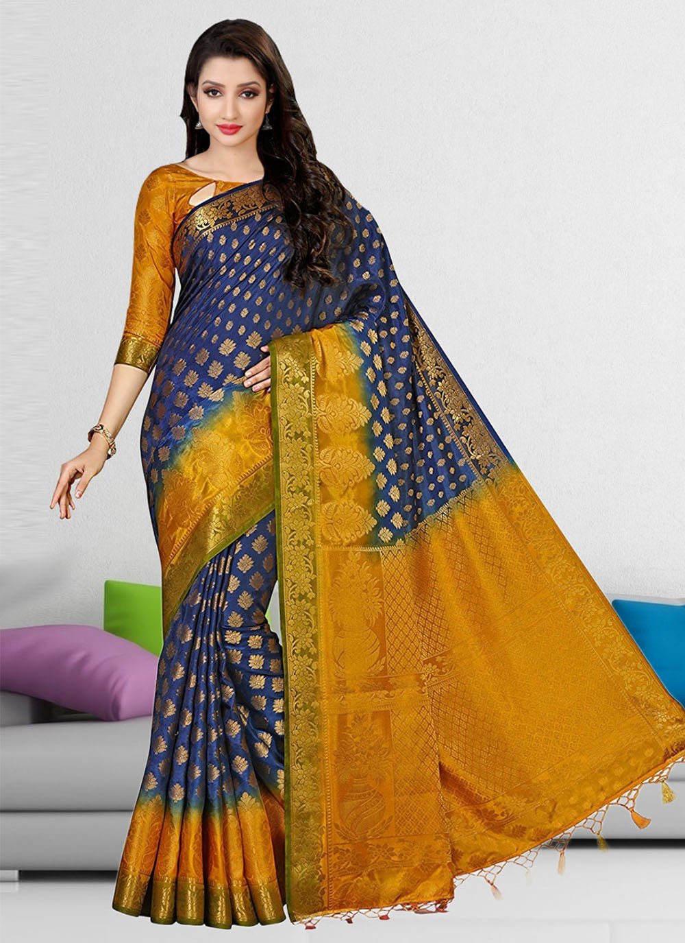 Contemporary Kanjivaram Silk Blue Hand Work Saree