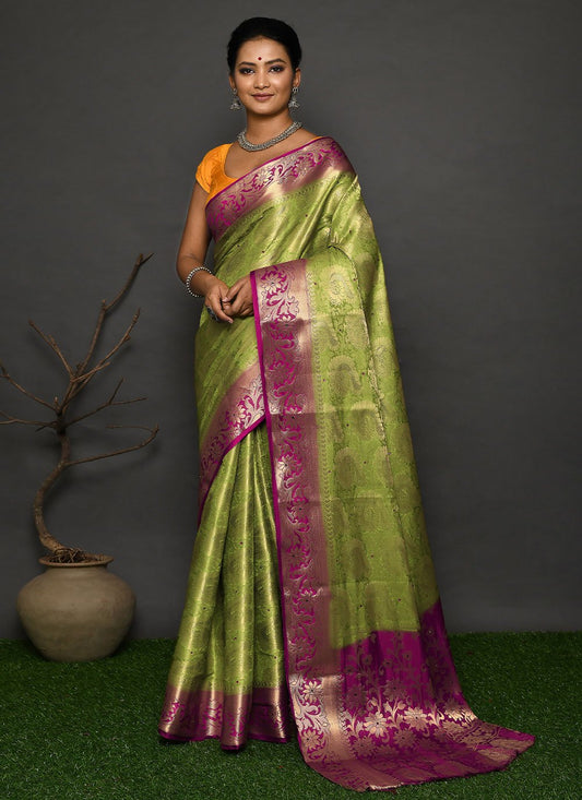 Contemporary Kanjivaram Silk Green Hand Work Saree