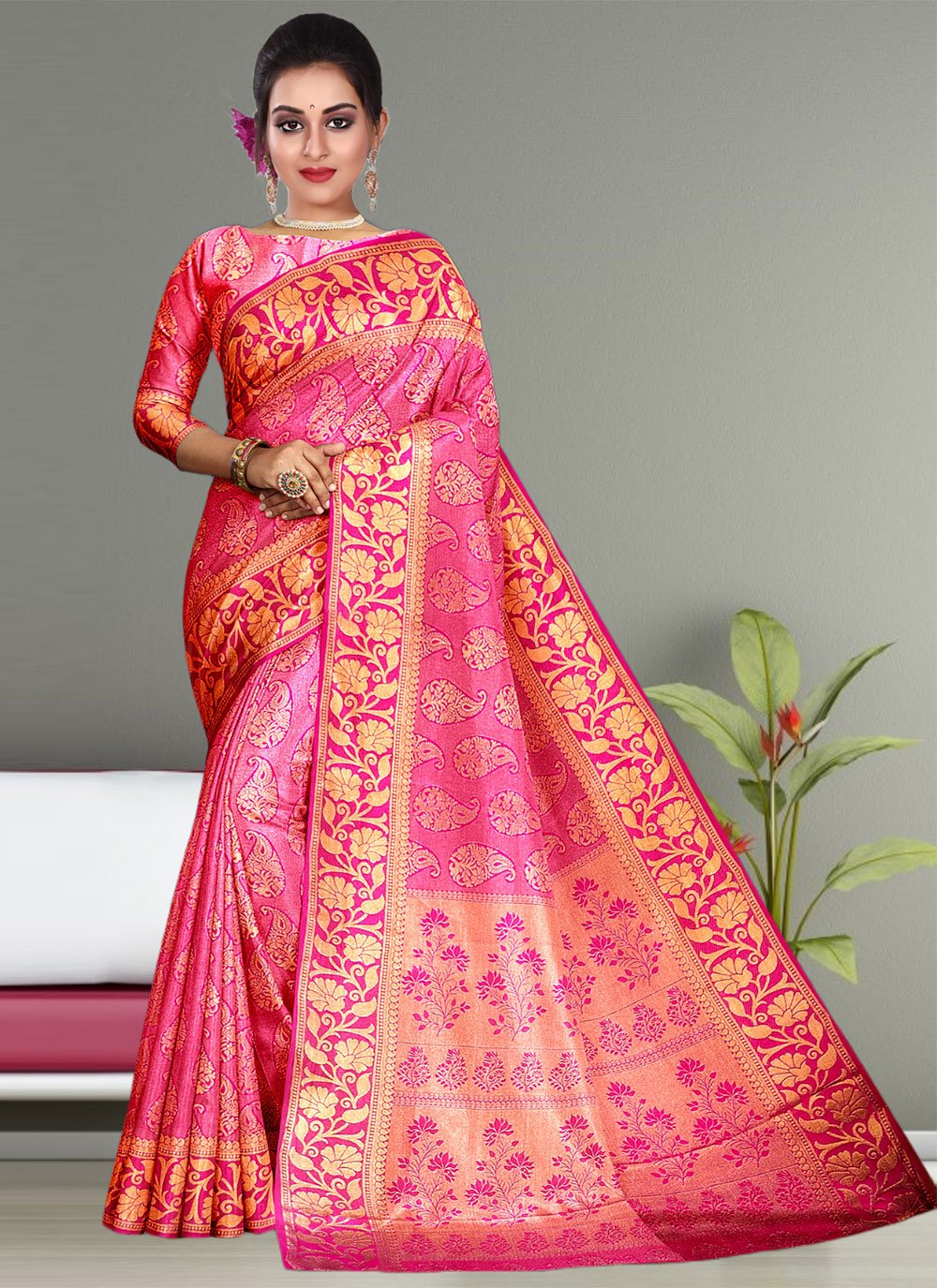 Trendy Saree Kanjivaram Silk Pink Hand Work Saree