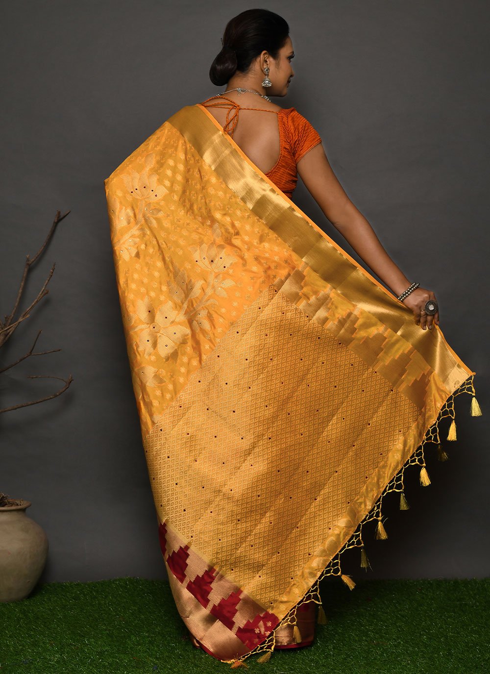 Traditional Saree Kanjivaram Silk Yellow Hand Work Saree