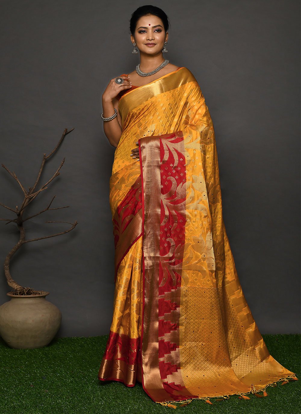 Traditional Saree Kanjivaram Silk Yellow Hand Work Saree