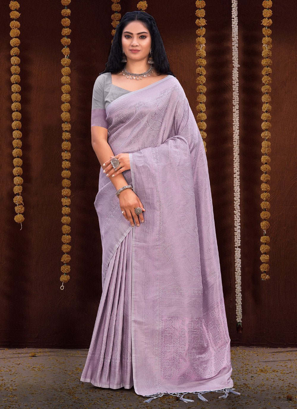 Designer Kanjivaram Silk Lavender Fancy Work Saree