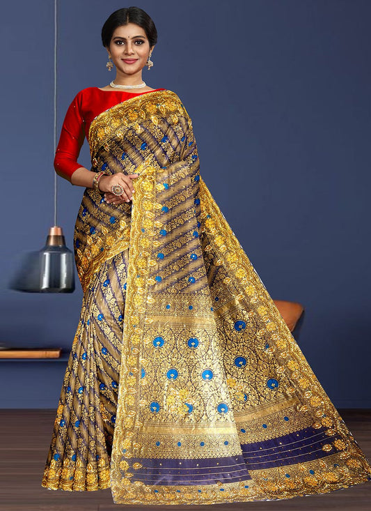 Contemporary Kanjivaram Silk Multi Colour Embroidered Saree