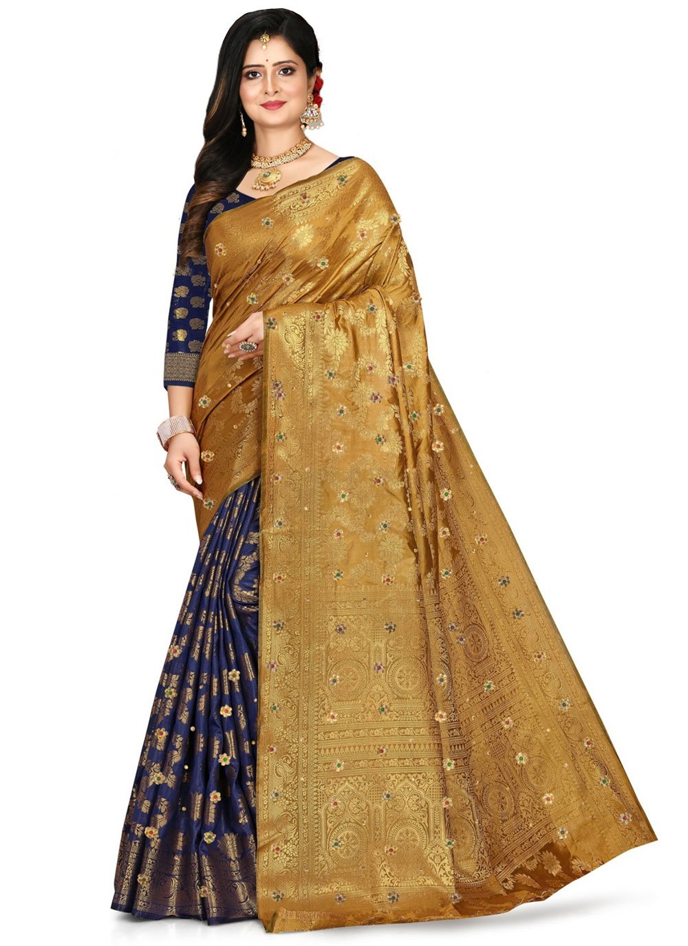 Traditional Saree Kanjivaram Silk Multi Colour Embroidered Saree