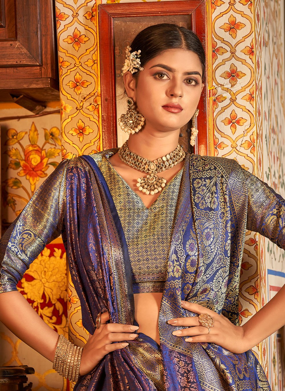 Contemporary Kanjivaram Silk Blue Zari Saree