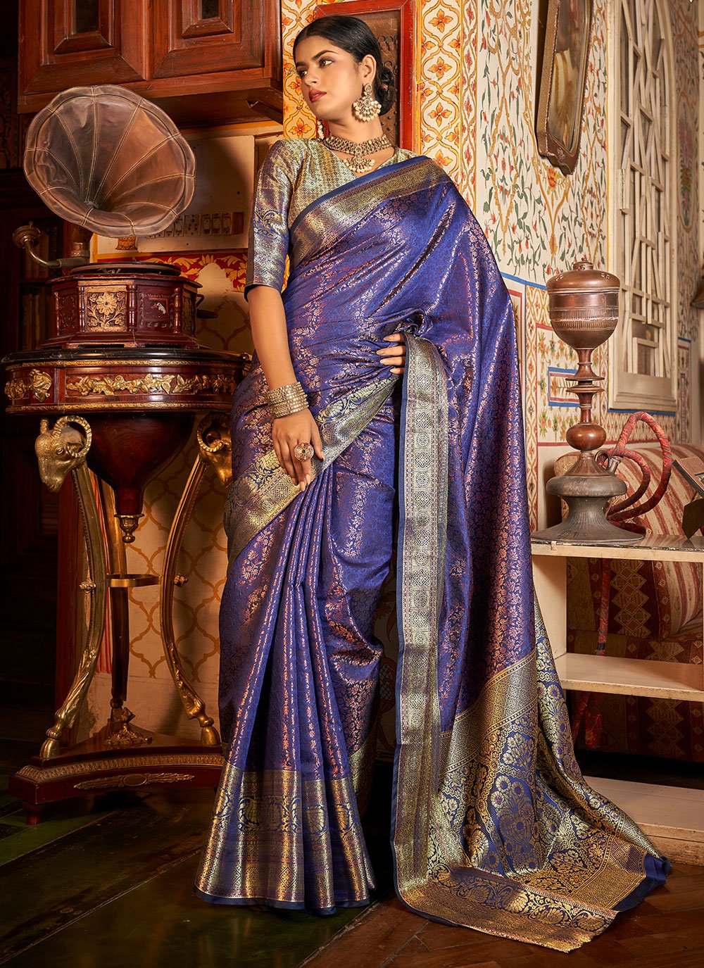 Contemporary Kanjivaram Silk Blue Zari Saree