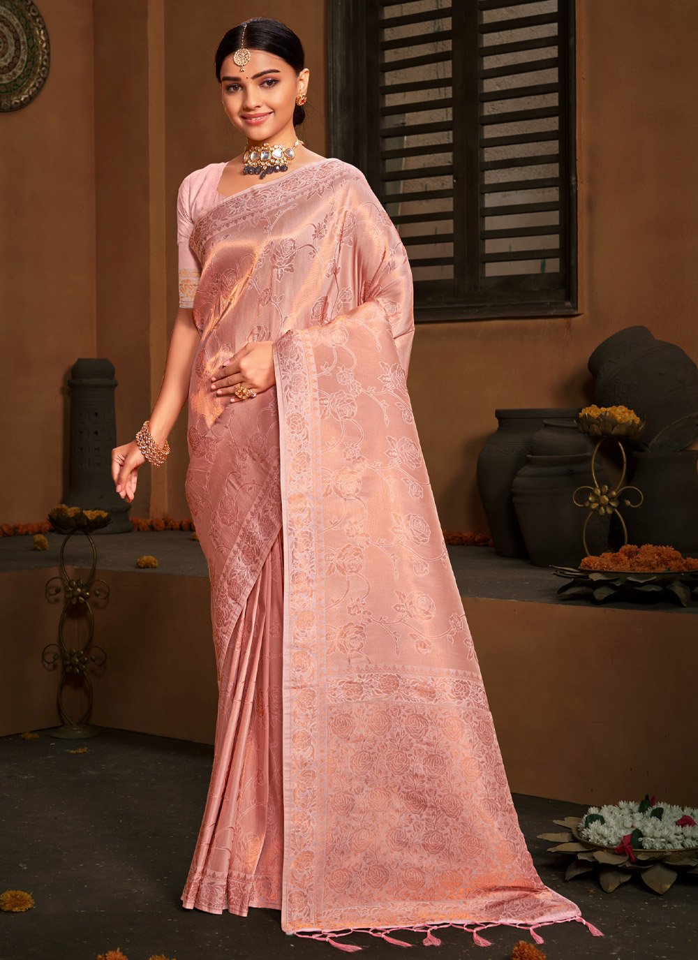 Traditional Saree Kanjivaram Silk Pink Weaving Saree