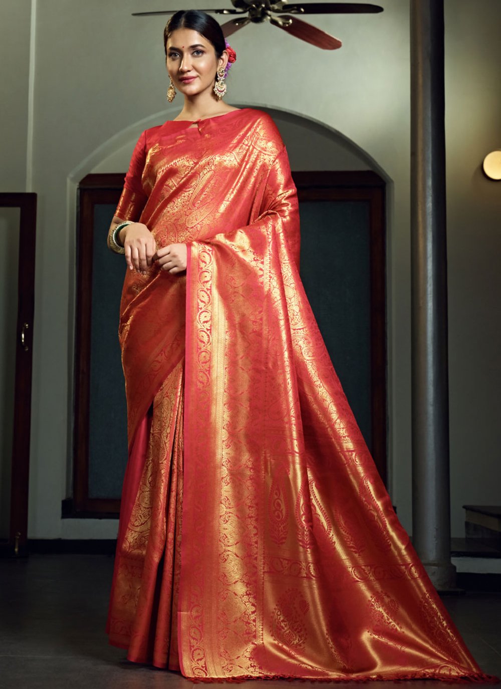 Contemporary Kanjivaram Silk Red Weaving Saree