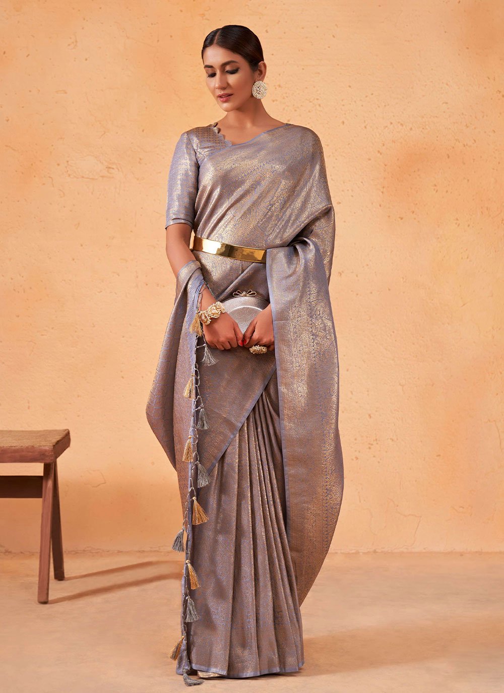 Classic Kanjivaram Silk Grey Weaving Saree