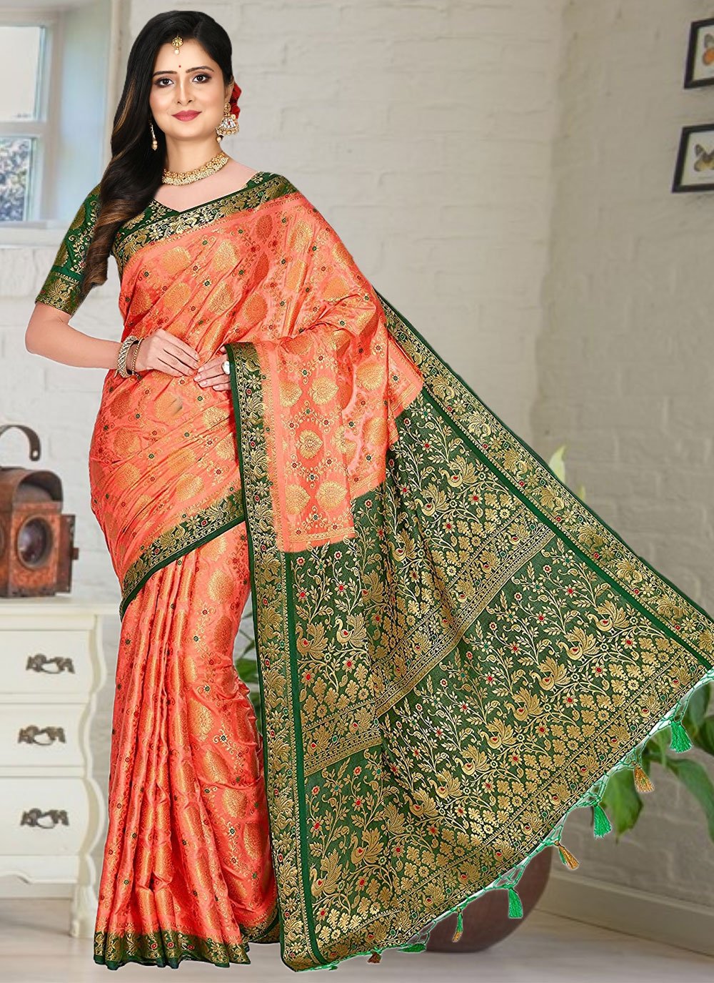 Trendy Saree Kanjivaram Silk Peach Hand Work Saree