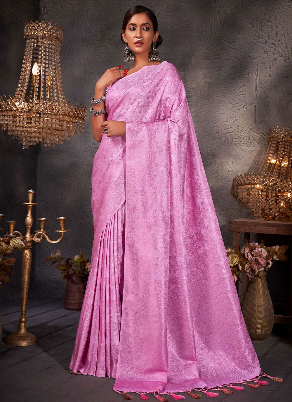 Trendy Saree Kanjivaram Silk Pink Weaving Saree