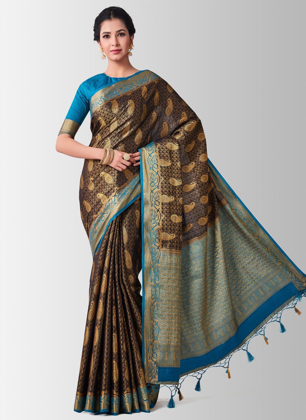 Trendy Saree Kanjivaram Silk Brown Zari Saree