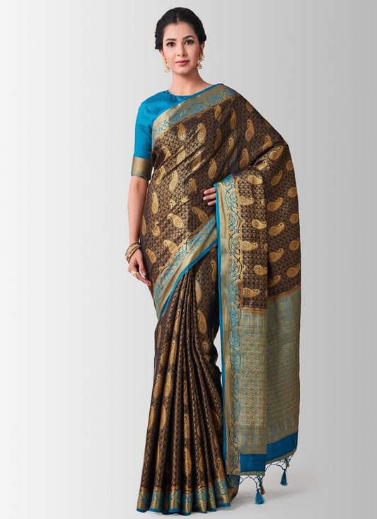 Trendy Saree Kanjivaram Silk Brown Zari Saree