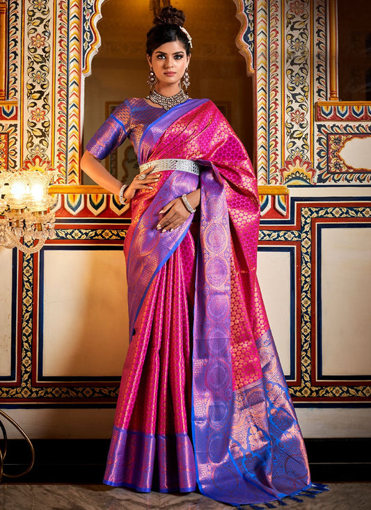 Trendy Saree Kanjivaram Silk Blue Pink Weaving Saree